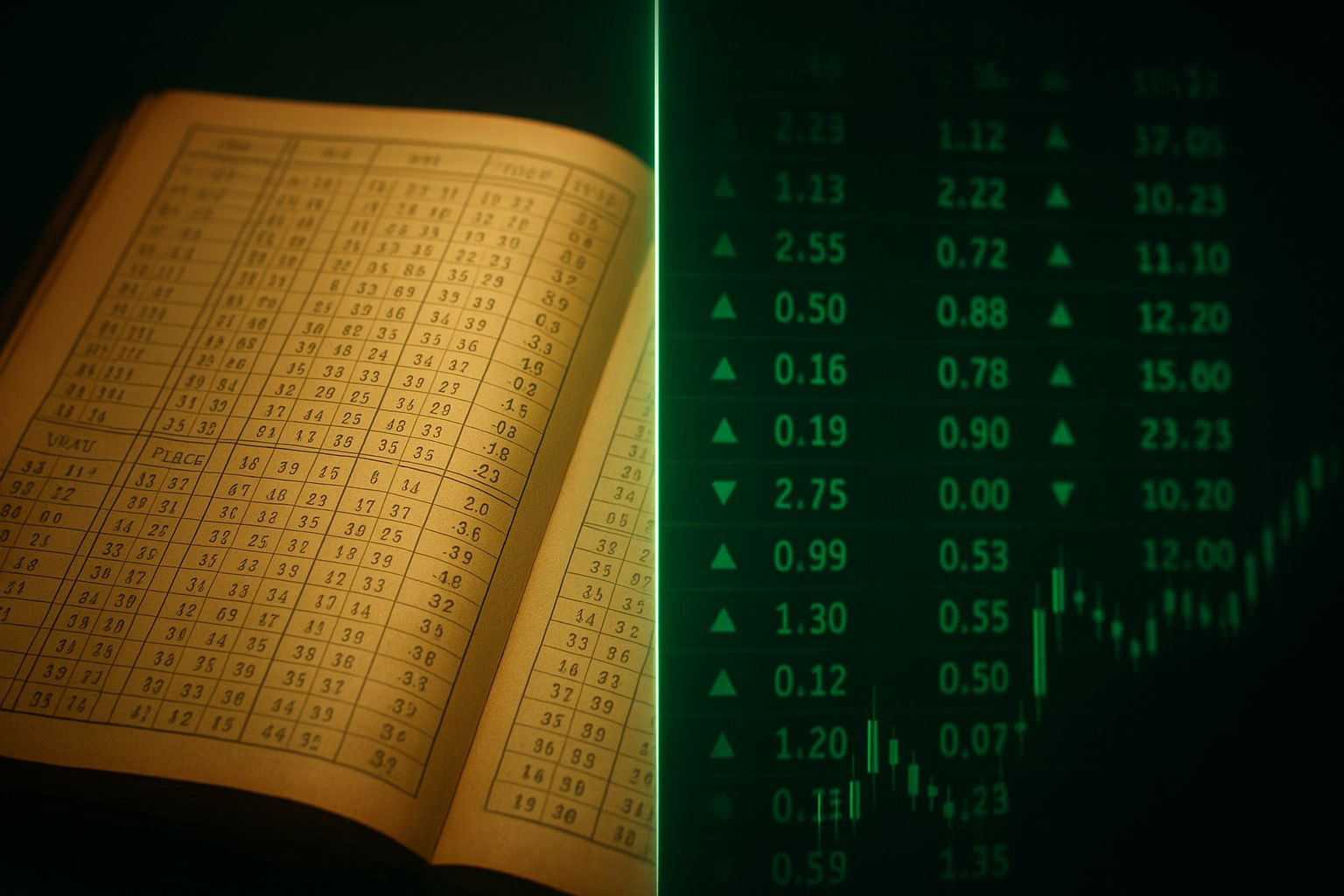 Split frame comparing traditional bookmaker ledgers with live betting exchange order book