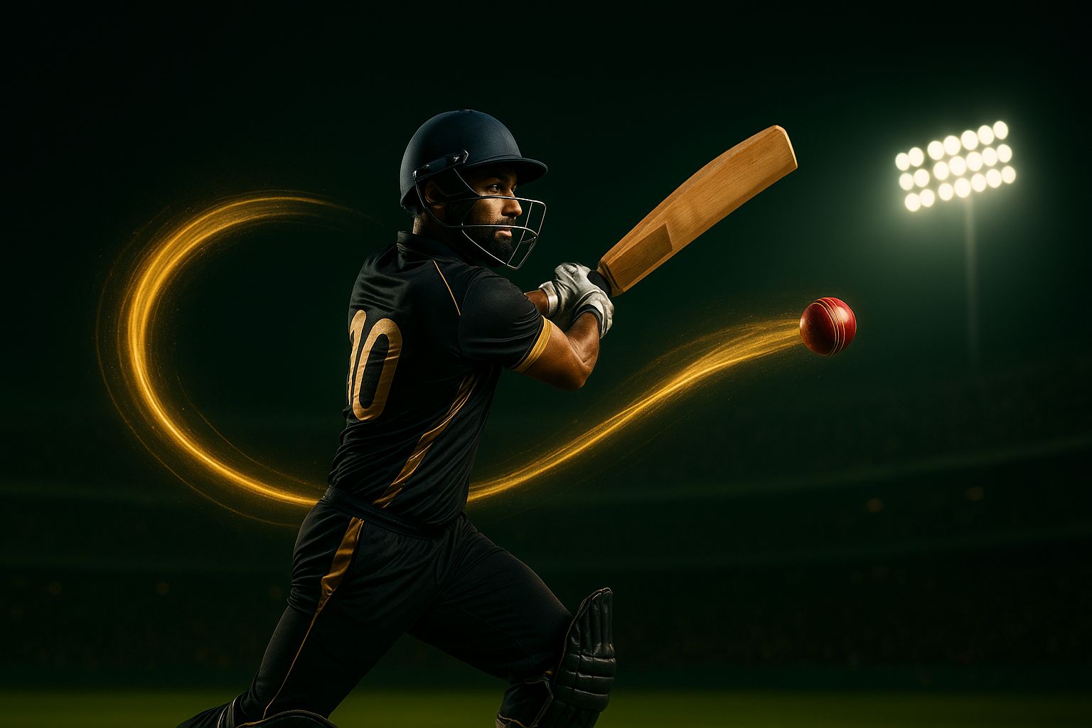 Indian cricketer playing a lofted shot under stadium floodlights on Winbuzz exchange