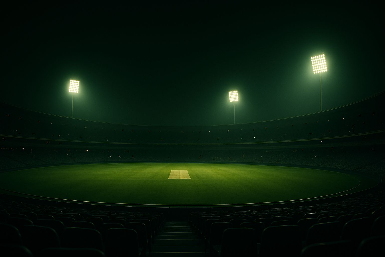 Wide cricket stadium at dusk with floodlights turning on over deep green pitch