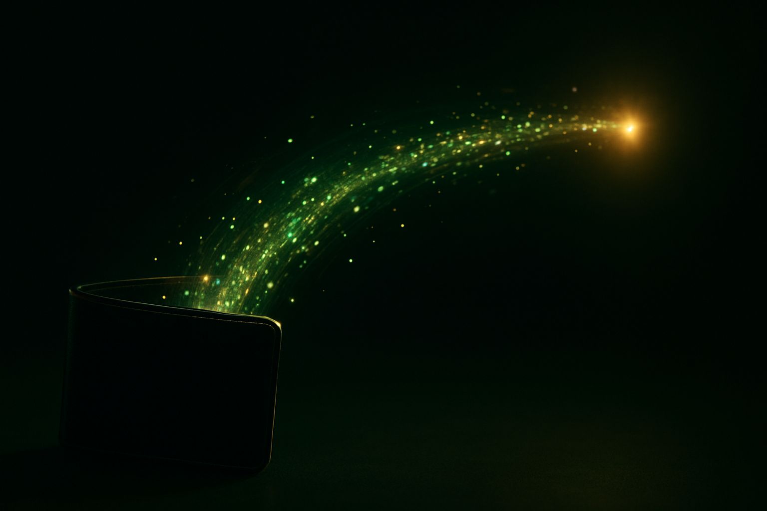 Stream of glowing green and gold particles arcing from dark glass wallet for fast withdrawal