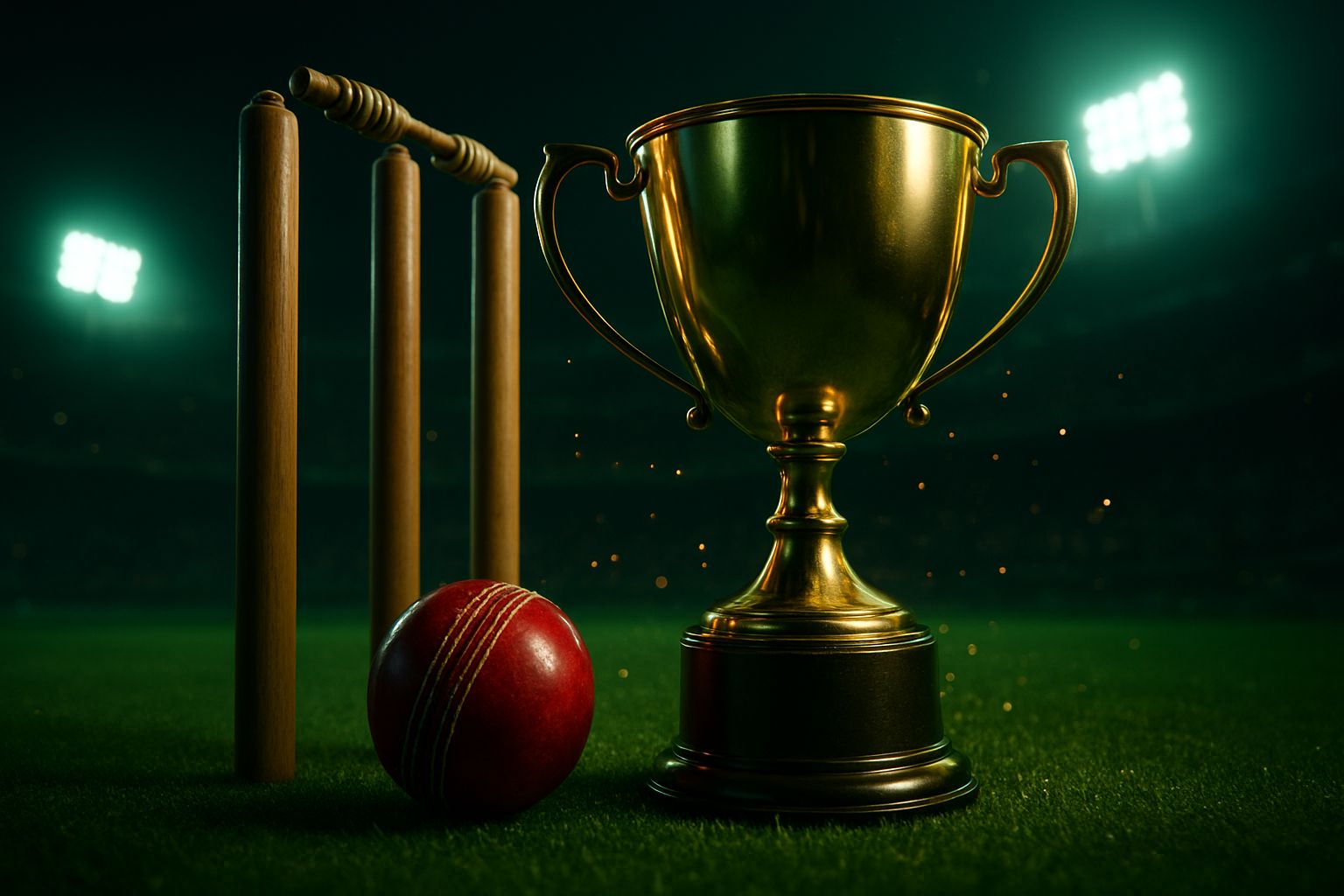Golden cricket championship trophy wickets and red leather ball in floodlit night stadium