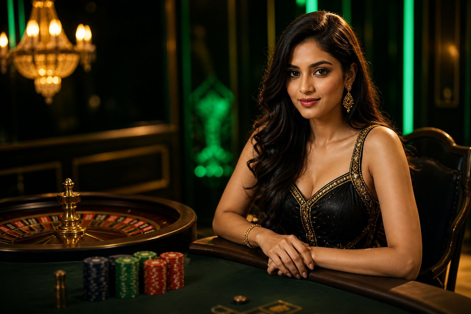 Indian live casino dealer in black and gold dress at luxury roulette and card table