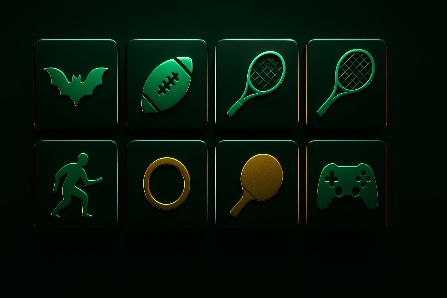 Eight dark glossy sports category tiles for cricket football tennis and kabaddi markets