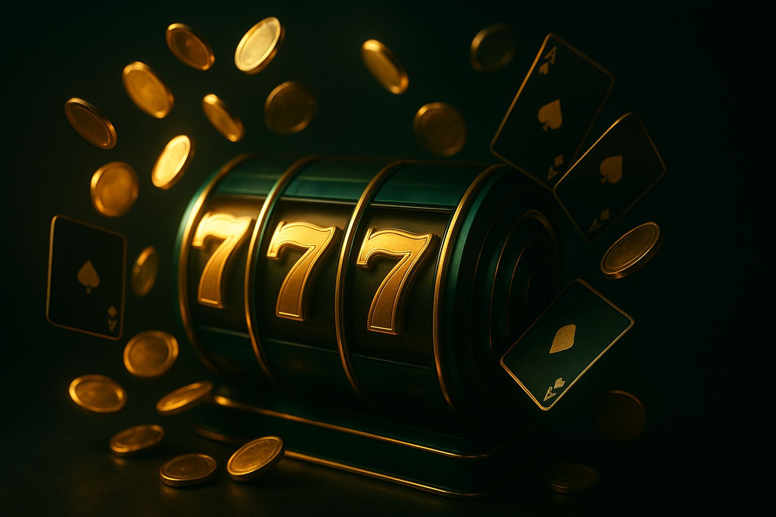 Golden 777 slot reels and flying gold coins with playing cards on dark felt