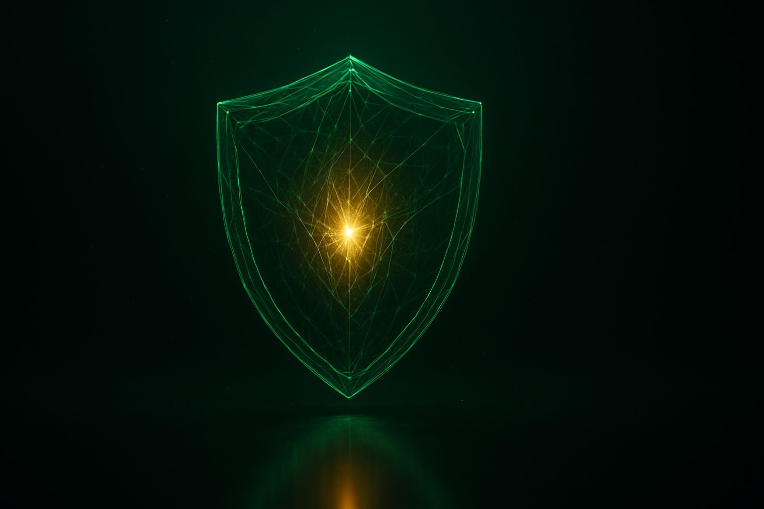 Dark shield built from emerald green light filaments and gold core representing account safety