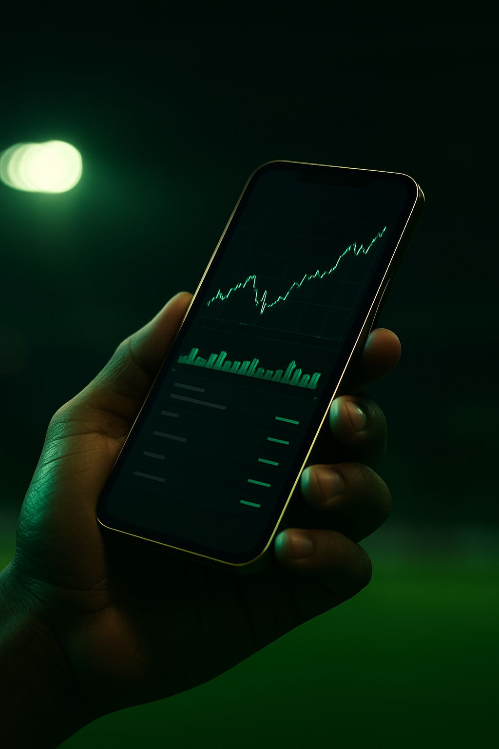 Hand holding smartphone with dark mobile betting exchange interface in front of stadium lights