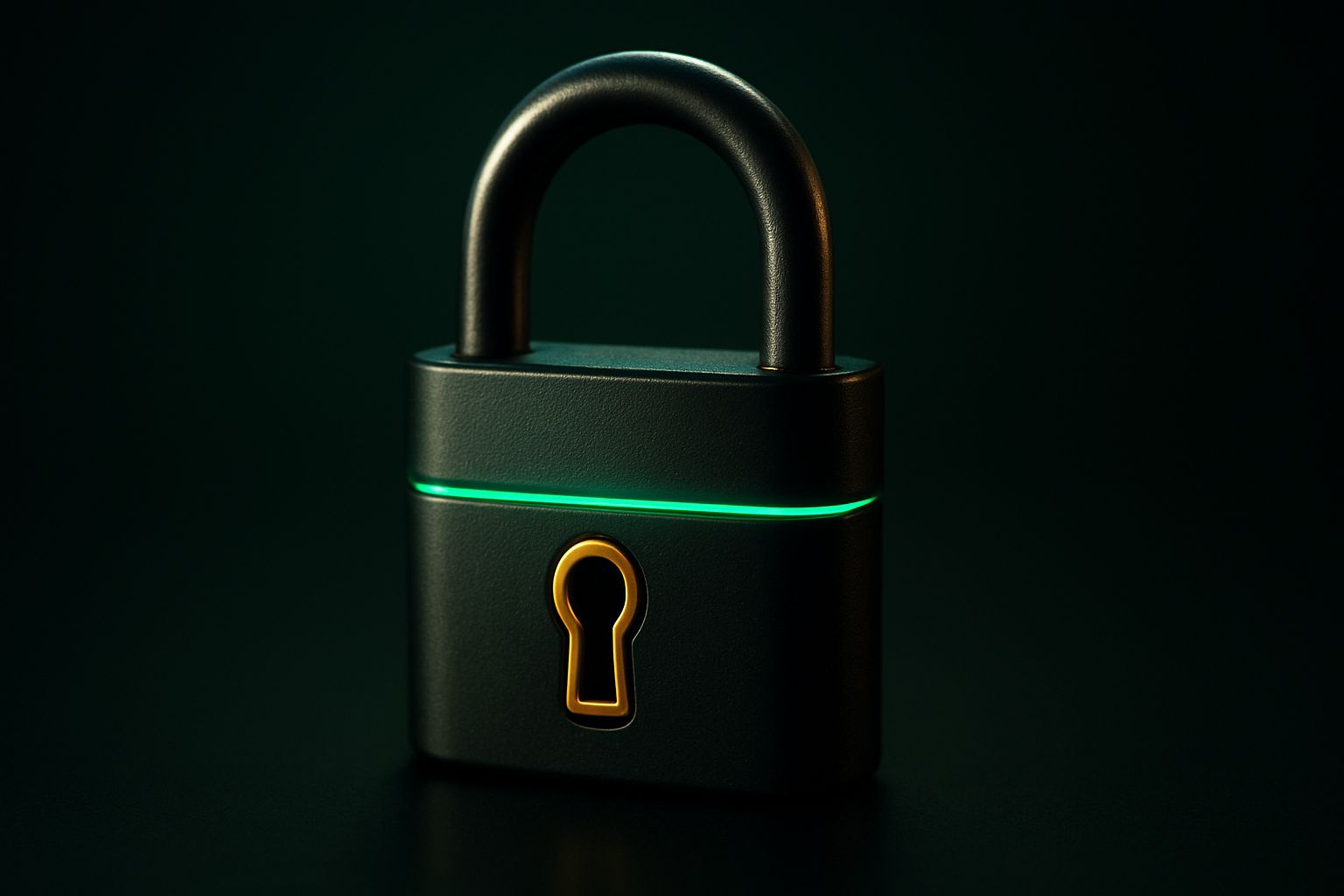 Dark metallic security padlock with emerald green light seam and gold keyhole accent
