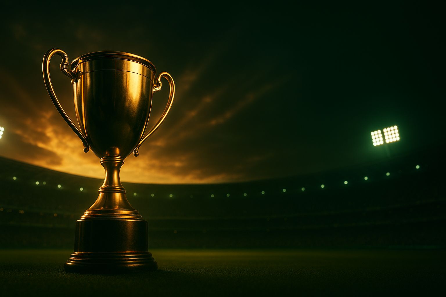 Golden world championship trophy in sunlit and floodlit cricket stadium arena