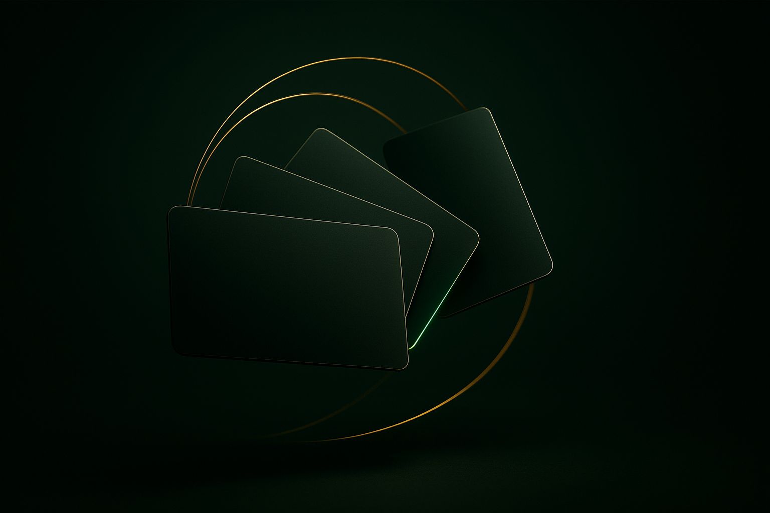 Floating dark glass payment cards with glowing green edges and gold transfer arcs